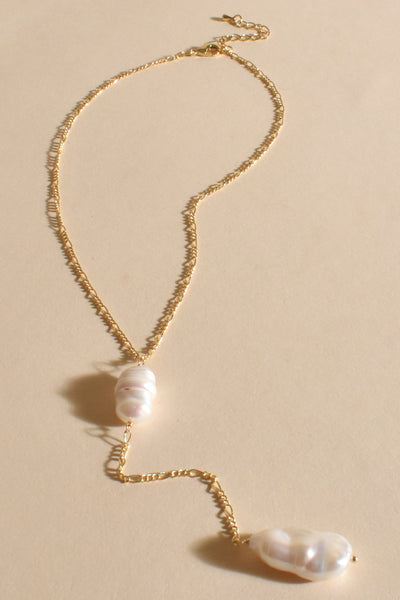 Y Drop Freshwater Pearl Necklace - Cream Gold