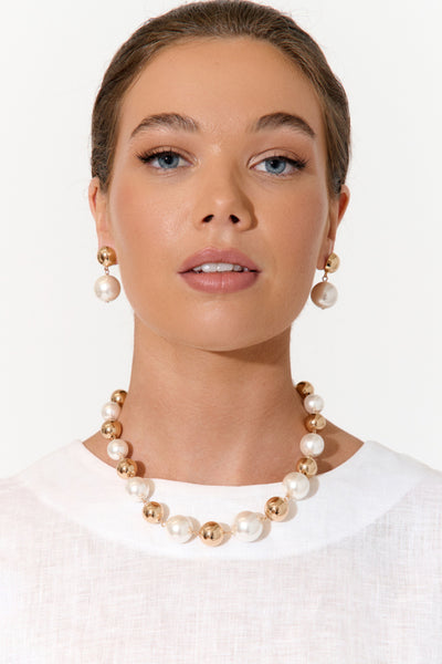 Faux Pearl Metal Ball Necklace - Silver