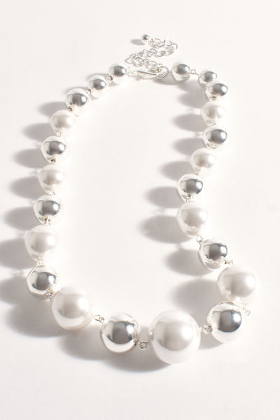 Faux Pearl Metal Ball Necklace - Silver