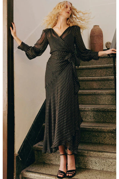 Calais Wrap Dress - Cream Black Spot