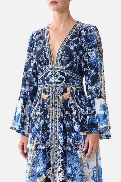 Shaped Waistband Dress With Ruffle Sleeve - Sweet Sacre Bleu