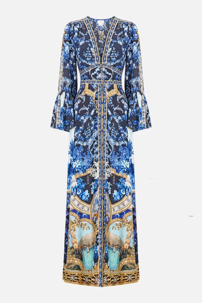 Shaped Waistband Dress With Ruffle Sleeve - Sweet Sacre Bleu