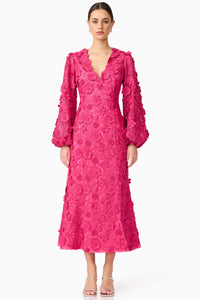 Claudia Long Sleeve 3D Flower Midi Dress - Fuchsia Pink