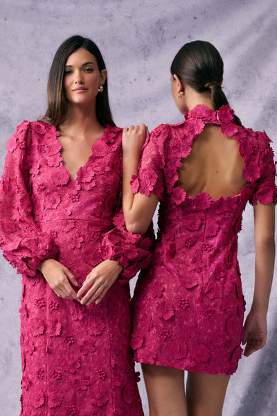 Claudia Short Sleeve 3D Flower Mini Dress - Fuchsia Pink