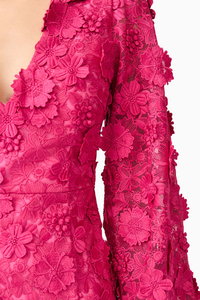 Claudia Long Sleeve 3D Flower Midi Dress - Fuchsia Pink