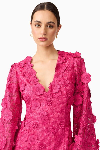 Claudia Long Sleeve 3D Flower Midi Dress - Fuchsia Pink