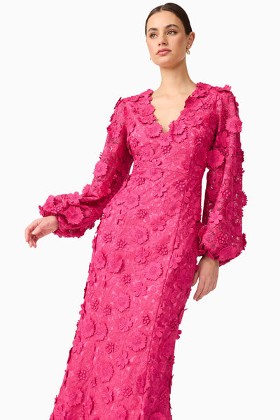 Claudia Long Sleeve 3D Flower Midi Dress - Fuchsia Pink