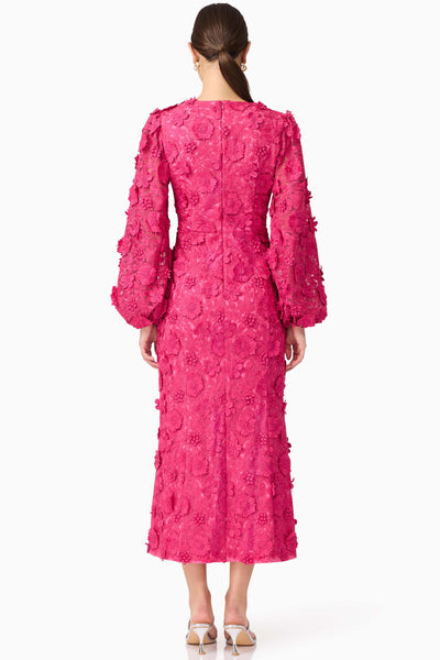 Claudia Long Sleeve 3D Flower Midi Dress - Fuchsia Pink