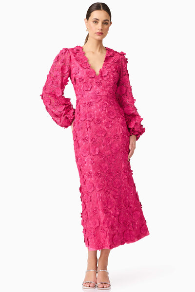 Claudia Long Sleeve 3D Flower Midi Dress - Fuchsia Pink