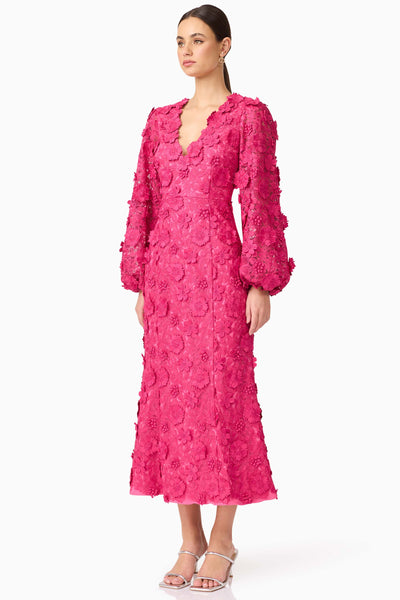 Claudia Long Sleeve 3D Flower Midi Dress - Fuchsia Pink