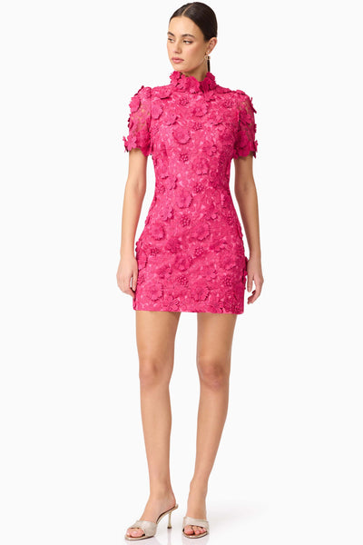 Claudia Short Sleeve 3D Flower Mini Dress - Fuchsia Pink