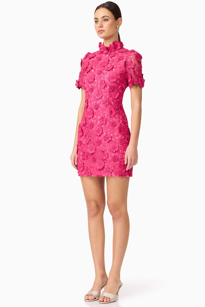 Claudia Short Sleeve 3D Flower Mini Dress - Fuchsia Pink