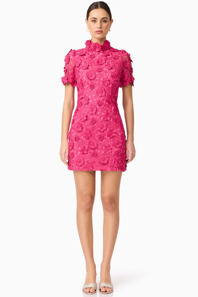 Claudia Short Sleeve 3D Flower Mini Dress - Fuchsia Pink