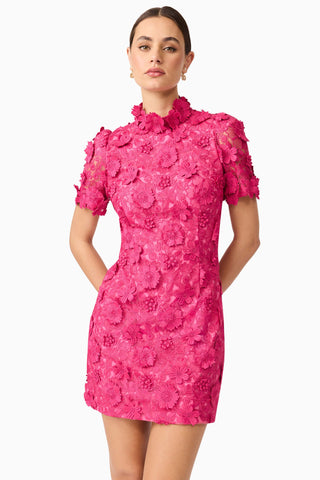 Claudia Short Sleeve 3D Flower Mini Dress - Fuchsia Pink