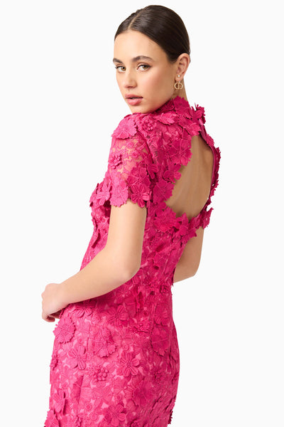 Claudia Short Sleeve 3D Flower Mini Dress - Fuchsia Pink
