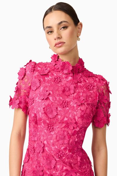 Claudia Short Sleeve 3D Flower Mini Dress - Fuchsia Pink