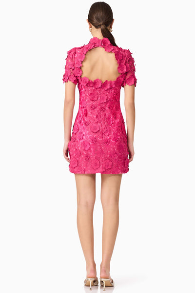 Claudia Short Sleeve 3D Flower Mini Dress - Fuchsia Pink