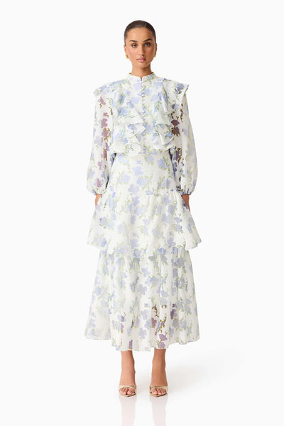 Cleo Top and Skirt Set - White and Blue Floral Print