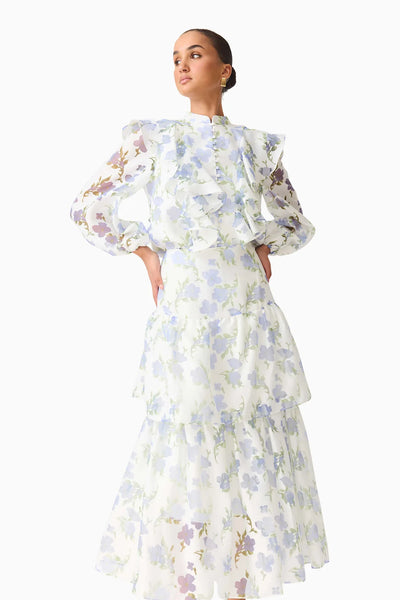 Cleo Top and Skirt Set - White and Blue Floral Print