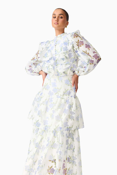 Cleo Top and Skirt Set - White and Blue Floral Print