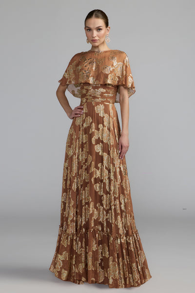 Floral Print High Neck Cape Sleeve A-Line Gown - Nutmeg