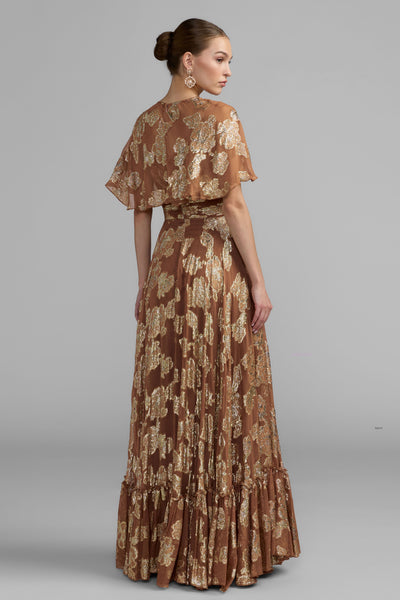Floral Print High Neck Cape Sleeve A-Line Gown - Nutmeg