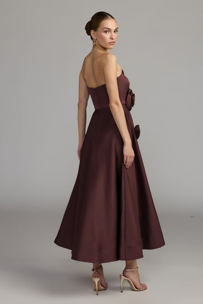 Satin Strapless Floral Midi Dress With Pockets - Wine