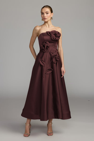 Satin Strapless Floral Midi Dress With Pockets - Wine
