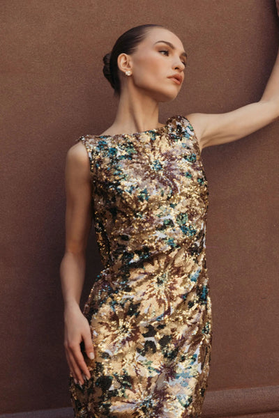 Sequin Sleeveless Cowl Back Mermaid Gown - Chocolate Multi