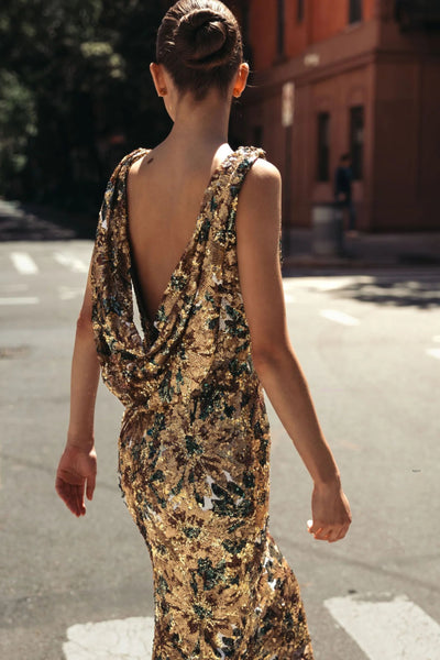 Sequin Sleeveless Cowl Back Mermaid Gown - Chocolate Multi