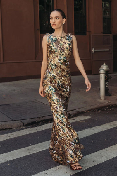 Sequin Sleeveless Cowl Back Mermaid Gown - Chocolate Multi