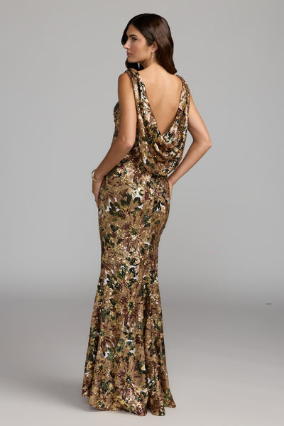 Sequin Sleeveless Cowl Back Mermaid Gown - Chocolate Multi