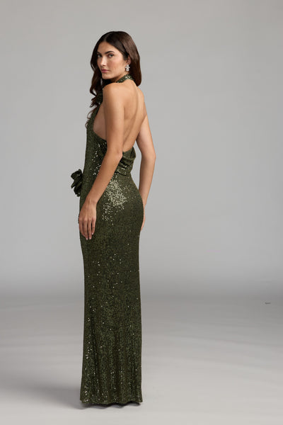 Sleeveless Sequin 3D Flower Halter Column Gown - Olive