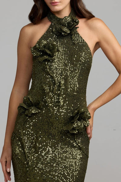 Sleeveless Sequin 3D Flower Halter Column Gown - Olive
