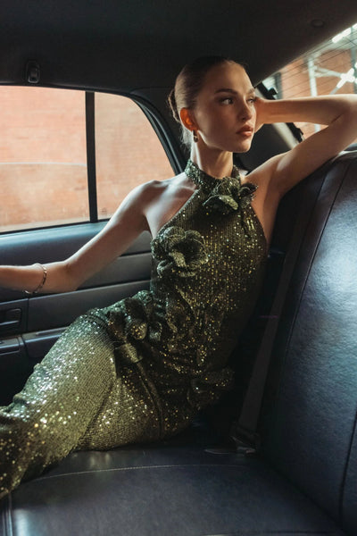Sleeveless Sequin 3D Flower Halter Column Gown - Olive