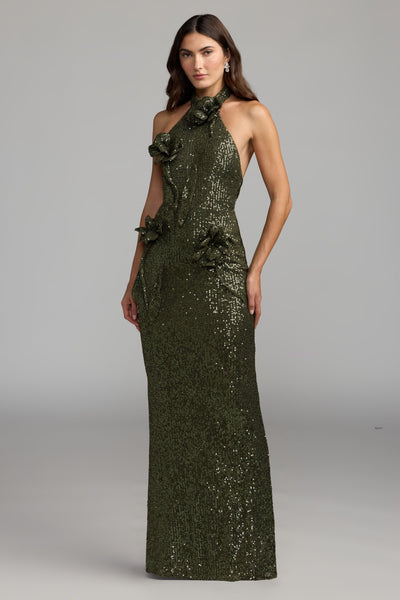 Sleeveless Sequin 3D Flower Halter Column Gown - Olive