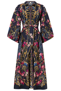 Ornate on a Plate Waist Tie Shirt Dress with Bubble Sleeve