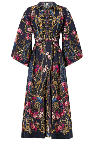 Ornate on a Plate Waist Tie Shirt Dress with Bubble Sleeve