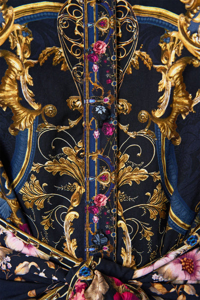 Ornate on a Plate Waist Tie Shirt Dress with Bubble Sleeve
