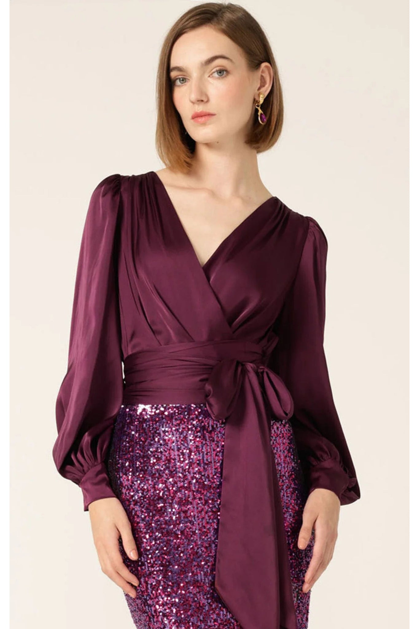 Satin Faux Wrap Top - Cherry