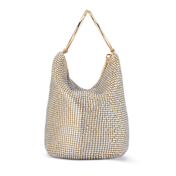 Ellie Crystal Mesh Ring Handle Bag - Champagne