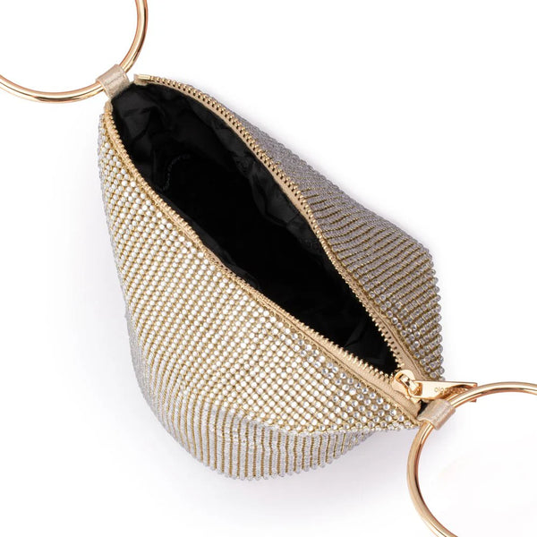 Ellie Crystal Mesh Ring Handle Bag - Champagne