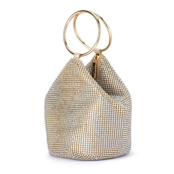 Ellie Crystal Mesh Ring Handle Bag - Champagne