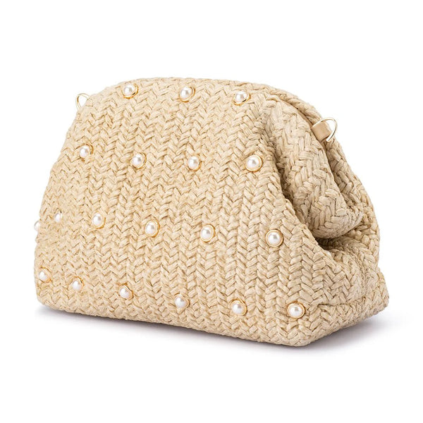Kaia Studded Woven Clutch - Natural