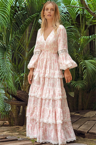Alpha Tiered Maxi Dress - White Pink Lace