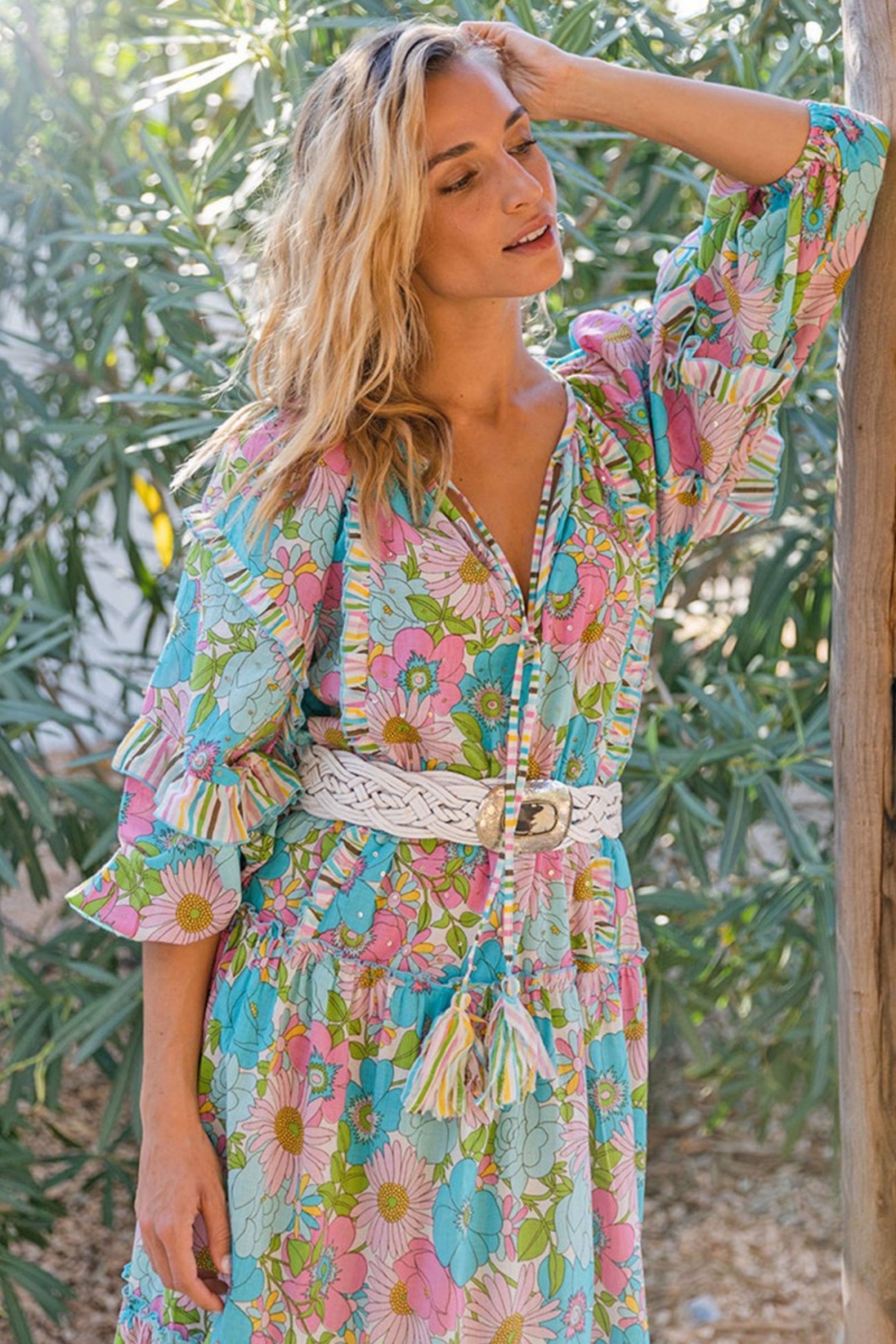 MISS JUNE PARIS A33 Floralies Cotton Maxi Dress Pastel Floral Smoke Mirrors Boutique