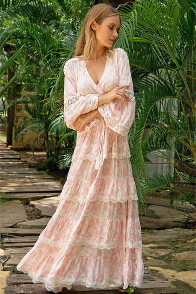 Alpha Tiered Maxi Dress - White Pink Lace
