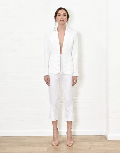 Linen Cinch Waist Jacket - White