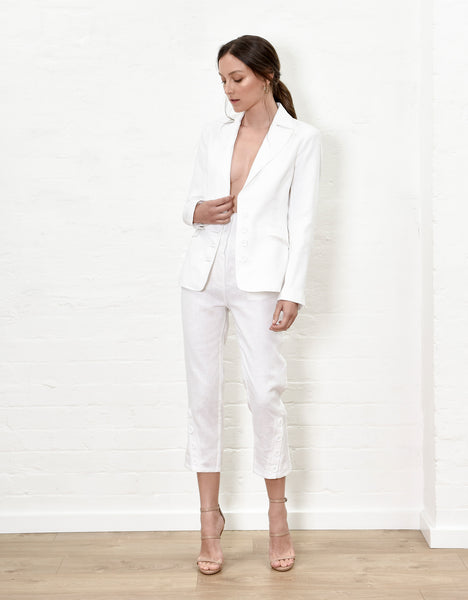 Linen Cinch Waist Jacket - White