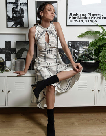 Keyhole Midi Dress - Check Linen